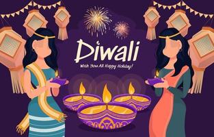 Diwali Woman Holding Oil Lamp With Indian Lanterns and Fireworks in the Background vector