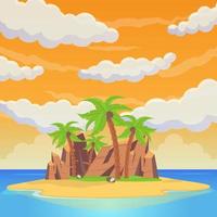 isla tropical entre el mar. palmeras, playas de arena, rocas, estatuas, carpas y casas rituales. mar playa hermoso paisaje vector