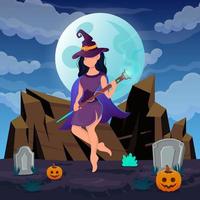 Happy Halloween. Witch Woman Wears Fancy Dress and Diamond Wand to do Trick or Treat in Moonlight. vector