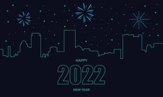 feliz año nuevo con paisaje de la ciudad y vector de fuegos artificiales