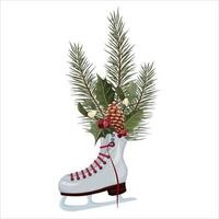 A shoe for skating on ice with fir branches, a cone, a holly and mistletoe twigs. The concept of New Year and Christmas. Suitable for decorating a holiday card. Vector. vector