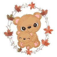 Adorable bear mom and baby for autumn illustration vector