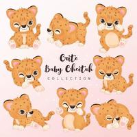 Cute little cheetah clipart collection in watercolor illustration vector
