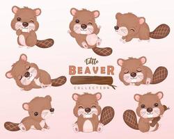 Cute little beaver clipart collection in watercolor illustration vector