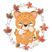 Adorable cheetah mom and baby for autumn illustration vector