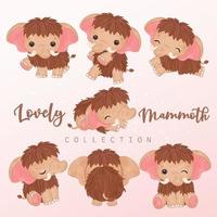 Cute little mammoth clipart collection in watercolor illustration