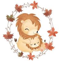 Adorable lion mom and baby for autumn illustration vector