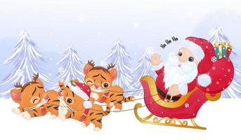 lindo bebé tigre y santa claus para decoración navideña vector