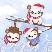 Adorable little monkeys illustration in watercolor for christmas