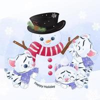 Adorable Snowman and tigers christmas illustration vector