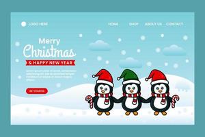 feliz navidad y próspero año nuevo plantilla de página de destino con pingüinos vector
