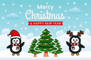 feliz navidad y próspero año nuevo plantilla de banner con pingüinos vector