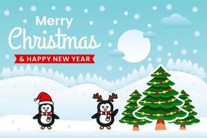 Merry Christmas and Happy New Year Banner template with penguins vector