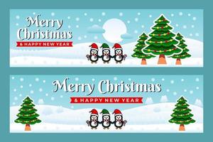 Merry Christmas and Happy New Year Banner template with penguins vector