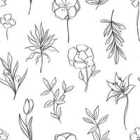 Aesthetic Contemporary printable seamless pattern with abstract Minimal elegant line flower and leaf in black and white colors