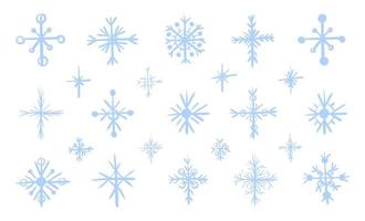 Set of hand-drawn vector snowflakes. Isolated flat illustration of decorative winter elements