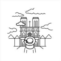 Cathedral in Paris and a girl in a hat, linear graphics vector