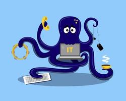 Blue octopus programmer, works. Illustration vector