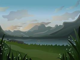 paisaje realista con montañas, río y campo. vector