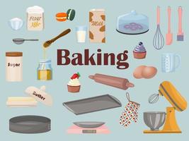 Baking tools and ingredients set on the blue background. Vector flat illustration