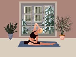 Woman practices yoga in the studio with a large window. Houseplants. Vector illustration in flat cartoon style