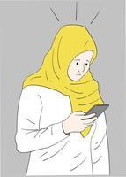 A girl wear a hijab with a phone in her hands. Hand drawn style vector design illustrations.