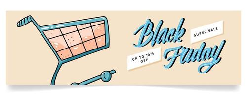 Black Friday horizontal banner with lettering and shopping cart, hand drawn style. Background template for sales and advertising vector