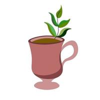 pink cup with poured coffee, tea inside and sprig of mint. Delicious breakfast with fragrant coffee. single element. vector