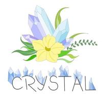 set of elements made of blue magic crystals with yellow flower and foliage, as well as black inscription with blue gems. Suitable for postcards, logos. Magical fairy tale theme. Magical elements vector