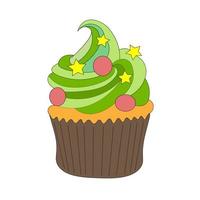 biscuit cake with bright green cream of whipped cream decorated with golden stars and red balls. vector