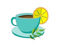 blue cup with poured tea inside and slice of lemon stands on saucer, and next to it lies sprig of mint. vector