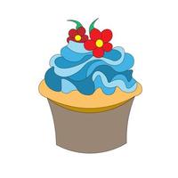 biscuit cake in a basket, with blue cream of whipped cream on top, decorated with red flowers. beautiful and sweet dessert. Vector. vector