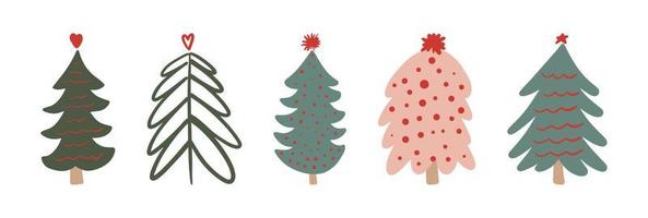 Set of simple minimalistic Christmas tree hand drawn childish doodle. Festive New Year, winter holiday design element collection vector