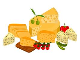 lindos diferentes tipos de queso. composición de productos lácteos aislado sobre fondo blanco. queso azul y queso procesado, cheddar y parmesano, camembert y gouda. vector