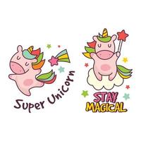 insignias de unicornio etiquetas de moda set pegatinas con personajes de cuento de hadas set de objetos retro vector
