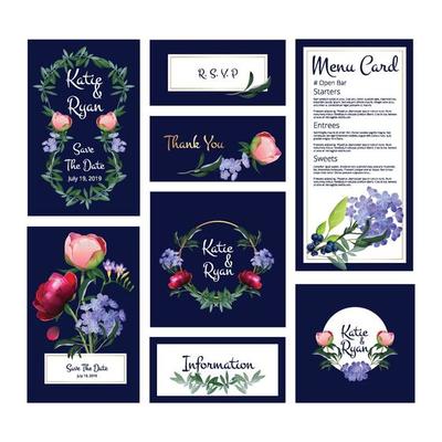 Wedding cards invitation menu banners template with golden frames flowers plants