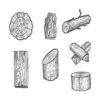troncos de madera madera dibujada vintage madera de roble apilada plantas antiguas picar conjunto de bocetos vectoriales vector