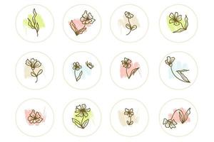 Instagram Story resalta el conjunto de iconos de elementos de doodle con flores y hojas. vector