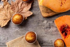 Pumpkin muffins on wooden table. Autumn food photo