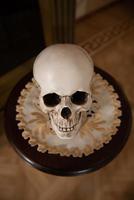 Old male skull on the table. Skull for the ritual. photo