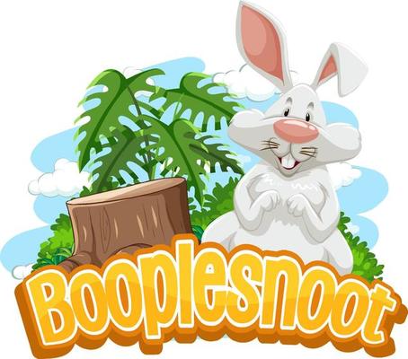 A rabbit cartoon character with Booplesnoot font banner isolated