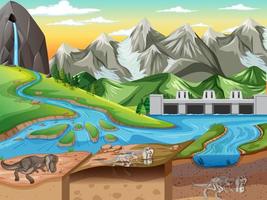 Nature landscape scene at daytime with dinosaur fossils in soil layers vector