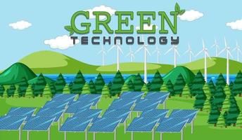 Green energy generated by wind turbine and solar panel vector