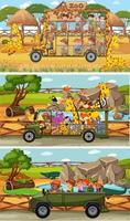 Conjunto de diferentes escenas horizontales de safari con personajes de dibujos animados de animales y niños vector