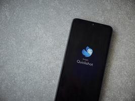 Enlight Quickshot app launch screen with logo on the display of a black mobile smartphone on ceramic stone background photo