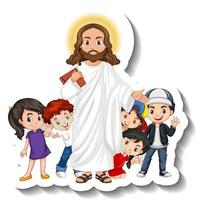 Jesus Christ with children group sticker on white background vector