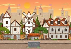 Escena de pueblo medieval con fondo de castillo vector