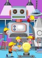 Scene with children building robot together vector