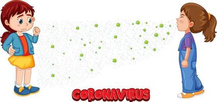 Coronavirus font in cartoon style with a girl look at her friend sneezing isolated on white background vector