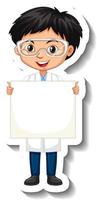 Cartoon character sticker with a boy in science gown holding empty banner vector